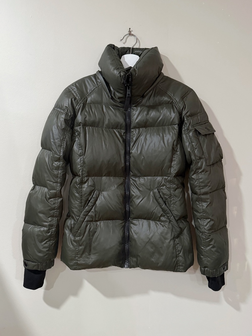 AQUA Women S Olive Nylon Down Puffer Jacket Glossy Quilted Y2K Gorpcore Military